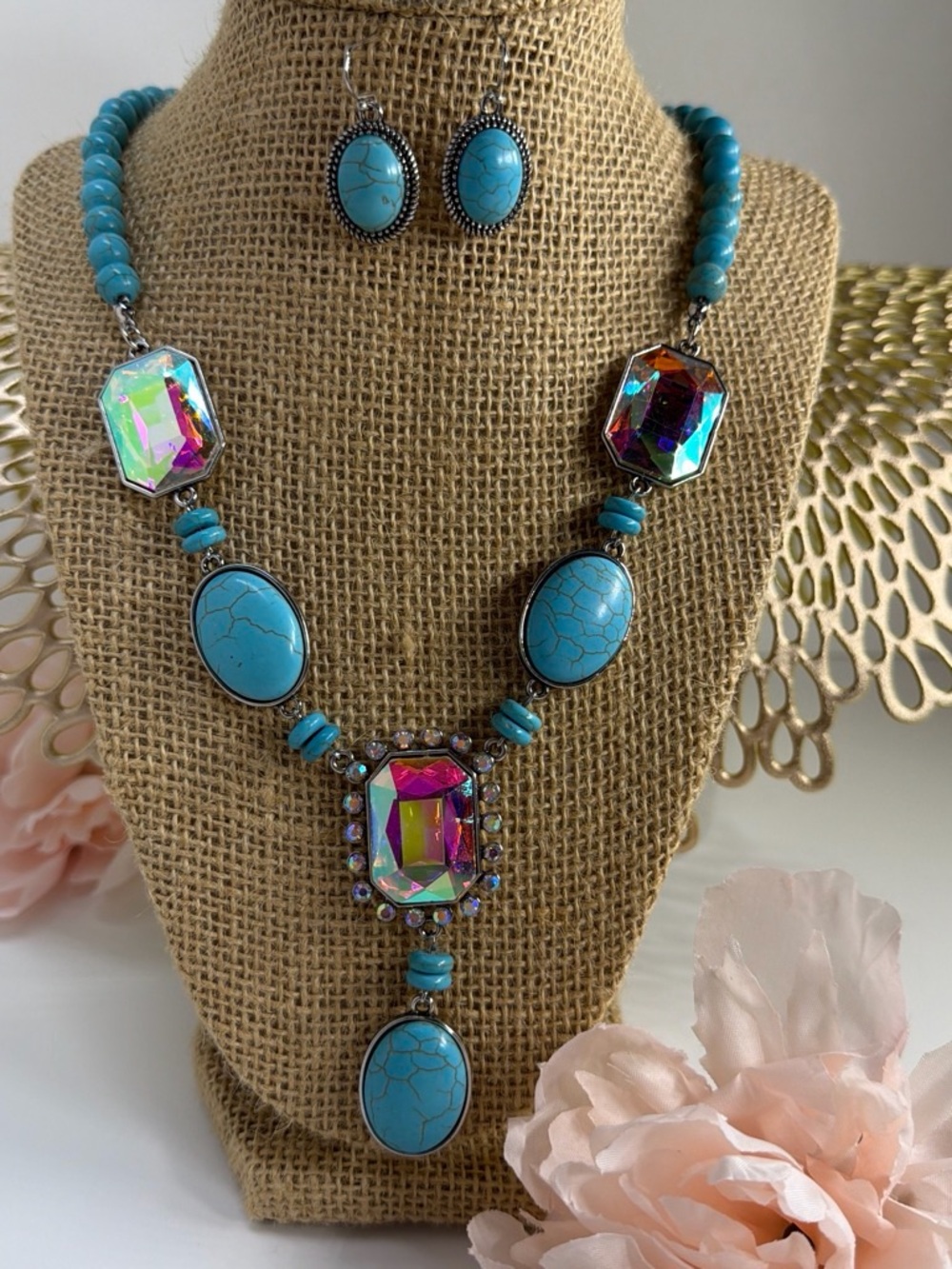 Turquoise Statement Necklace & Earring Set with Iridescent Crystal Pendant